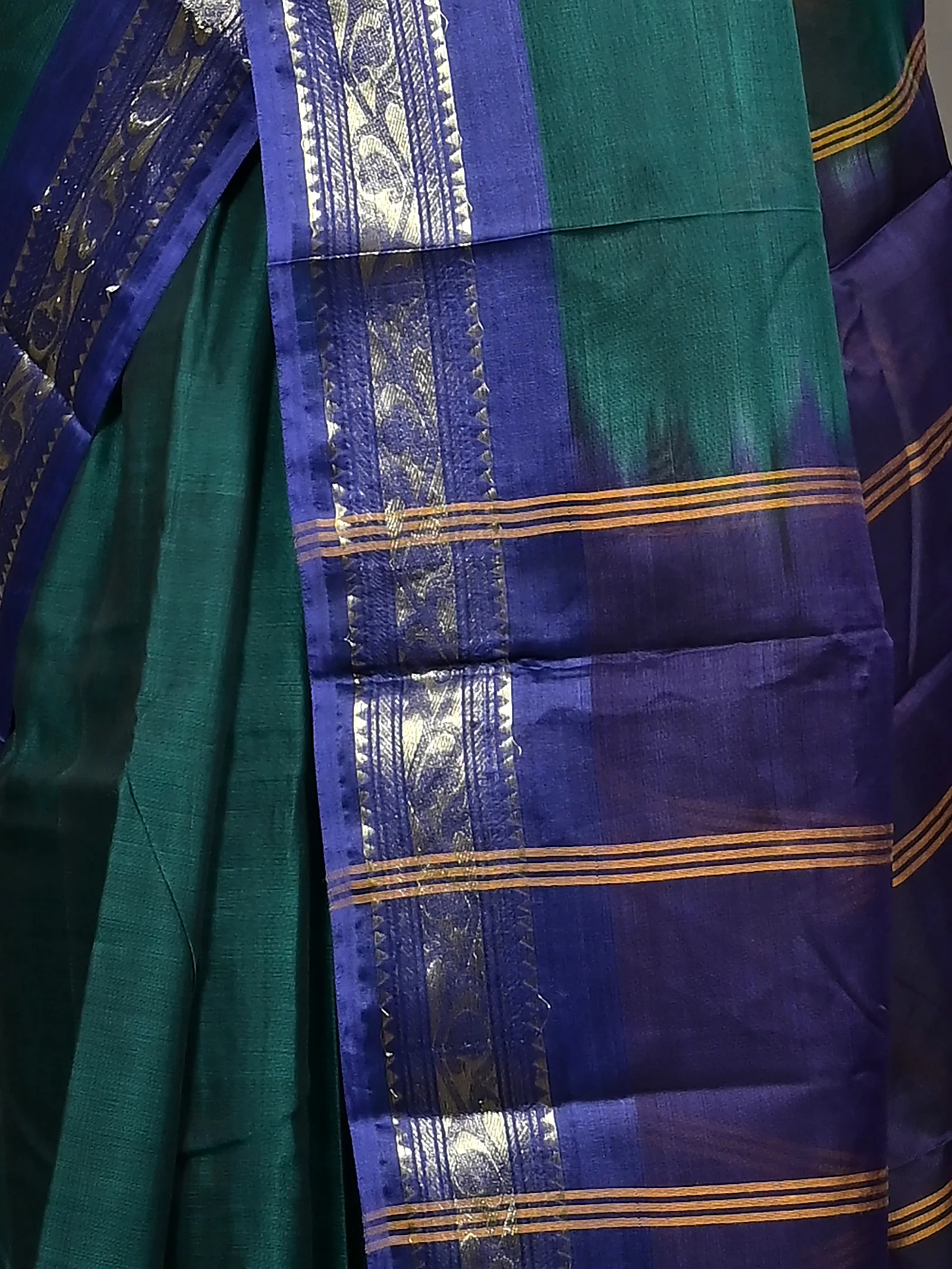 Dark Green Blue Cotton Parlik Gadwal Saree  (67)