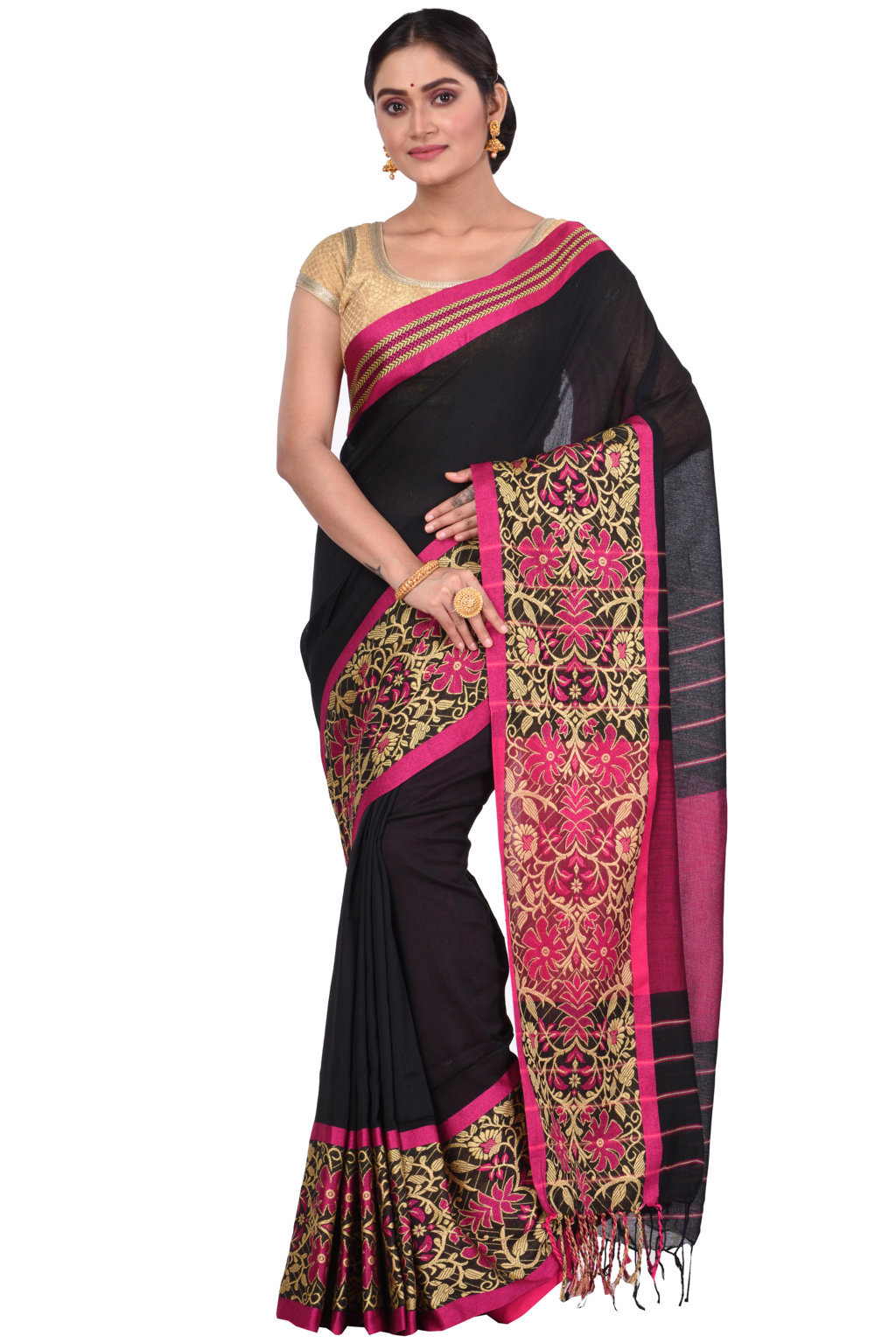 Black Pure Cotton Begompuri_Hand Hand Loom Saree (671)