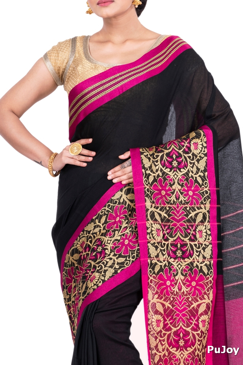 Black Pure Cotton Begompuri_Hand Hand Loom Saree (671)