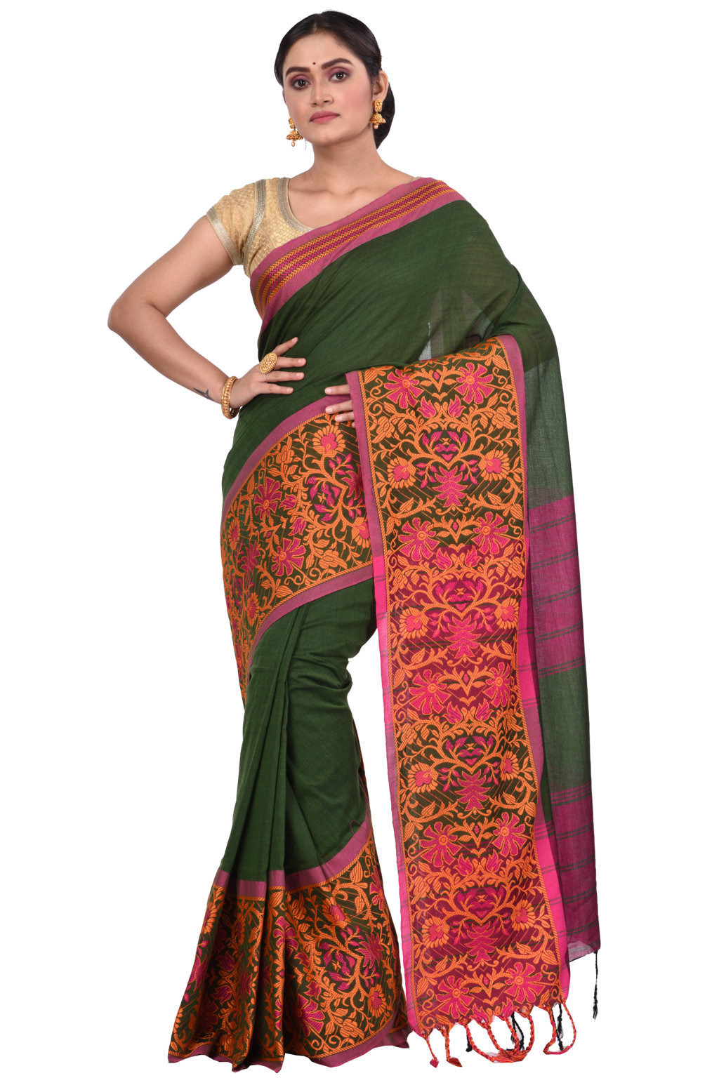 Dark Green Pure Cotton Begompuri_Hand Hand Loom Saree (672)