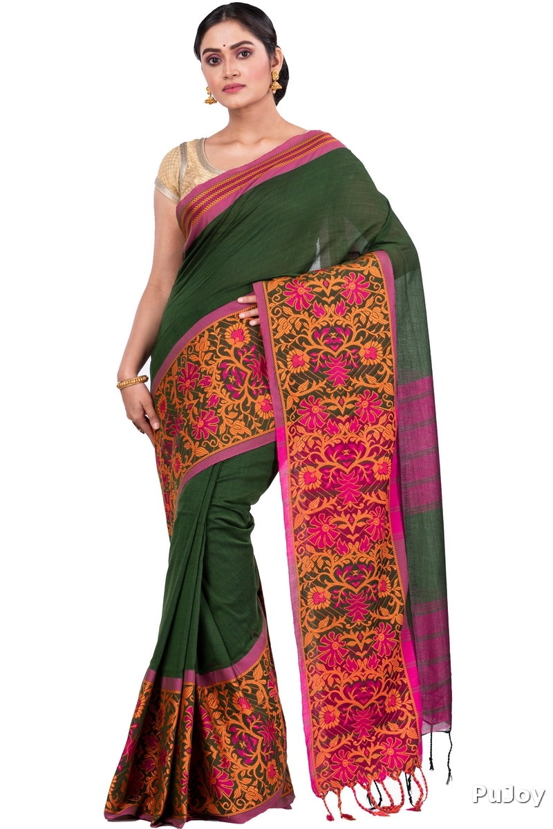 Dark Green Pure Cotton Begompuri_Hand Hand Loom Saree (672)