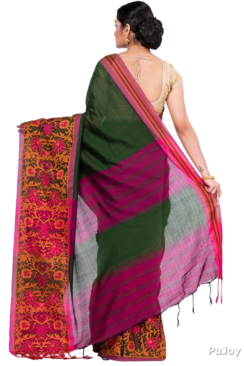 Dark Green Pure Cotton Begompuri_Hand Hand Loom Saree (672)