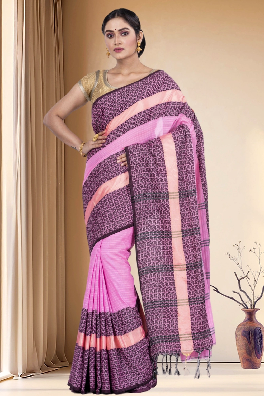 Pink Pure Cotton Souraovi_Hand Hand Loom Saree (673)