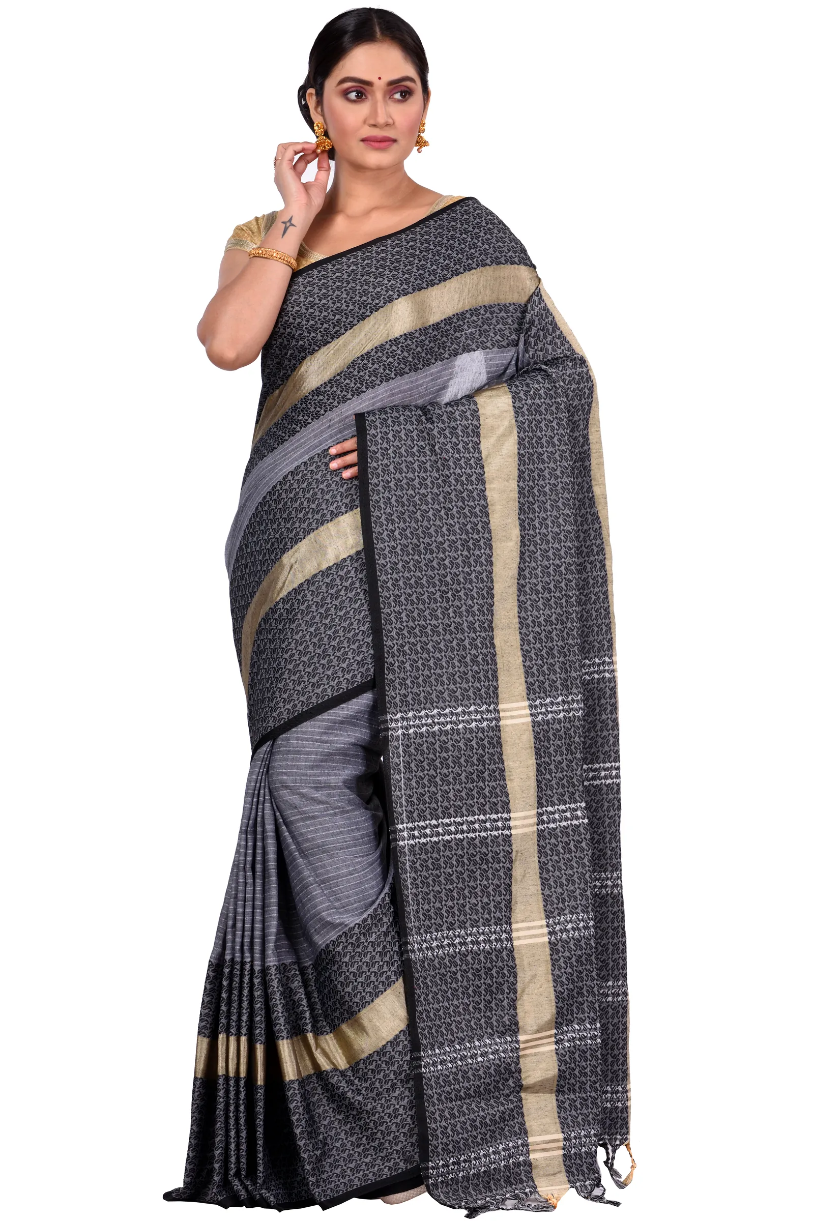 Black Pure Cotton Souraovi_Hand Hand Loom Saree (674)
