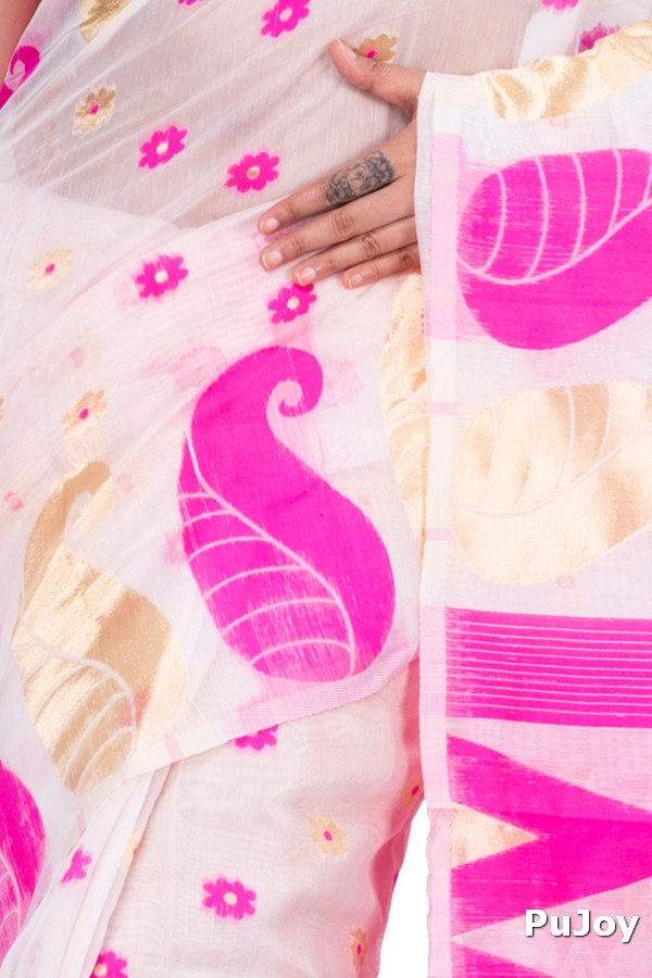 Pink Pure Cotton Amachal_Jmdni Jamdani Saree (677)