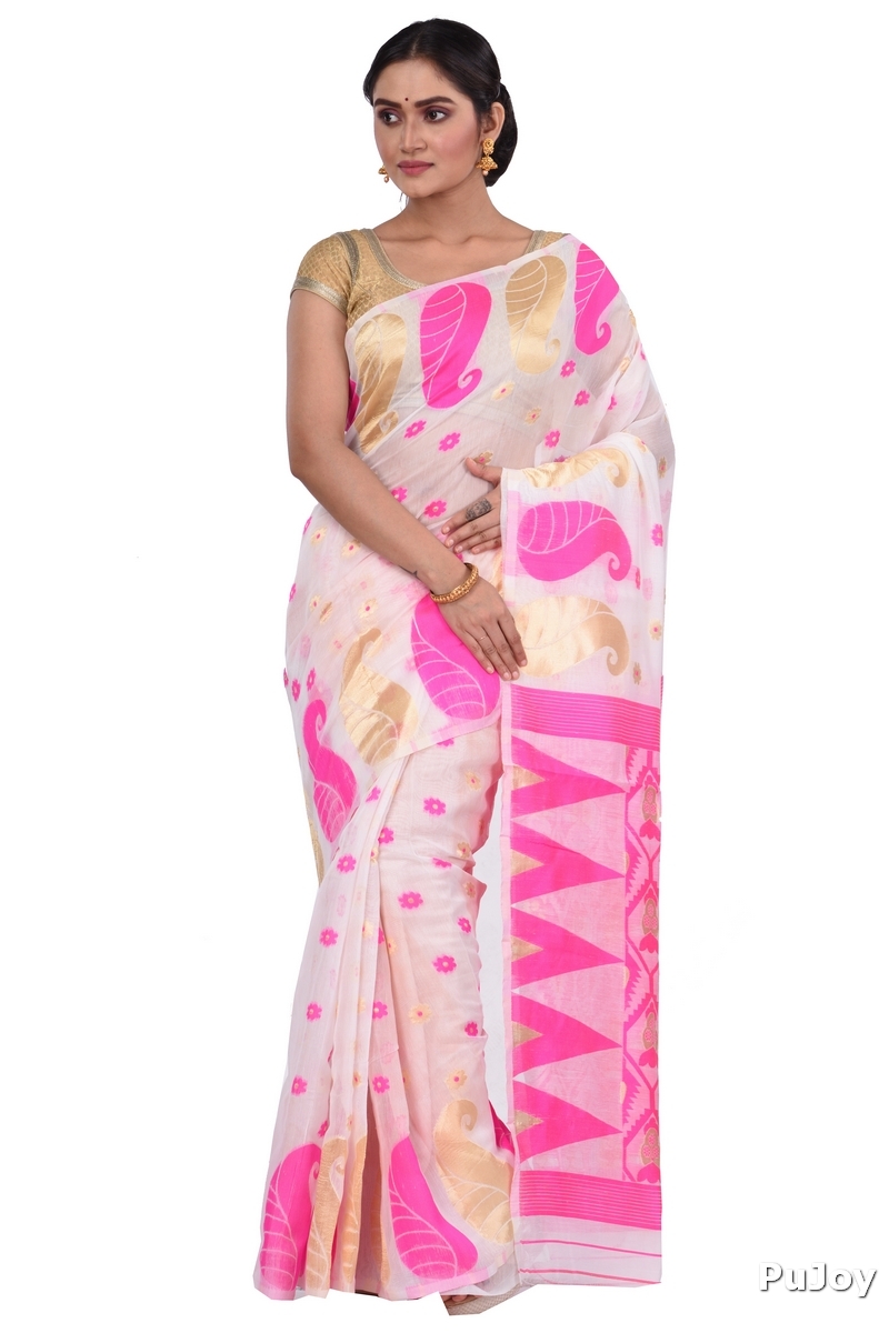Pink Pure Cotton Amachal_Jmdni Jamdani Saree (677)