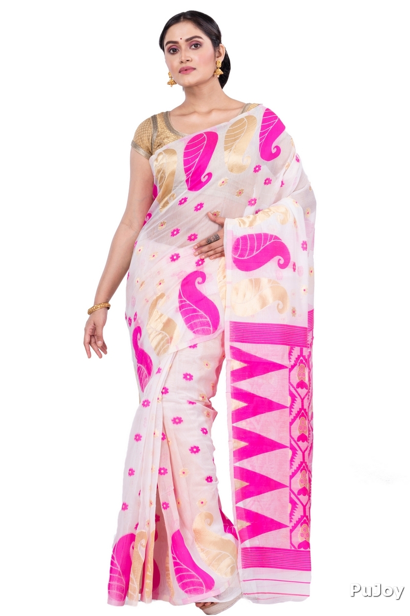 Pink Pure Cotton Amachal_Jmdni Jamdani Saree (677)