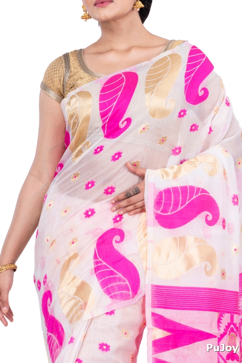 Pink Pure Cotton Amachal_Jmdni Jamdani Saree (677)