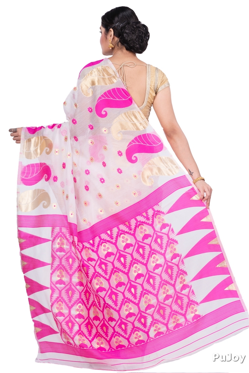 Pink Pure Cotton Amachal_Jmdni Jamdani Saree (677)