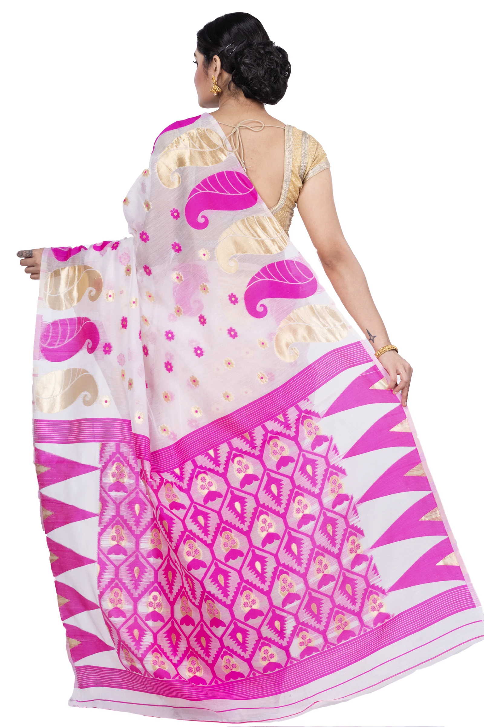 Pink Pure Cotton Amachal_Jmdni Jamdani Saree (677)