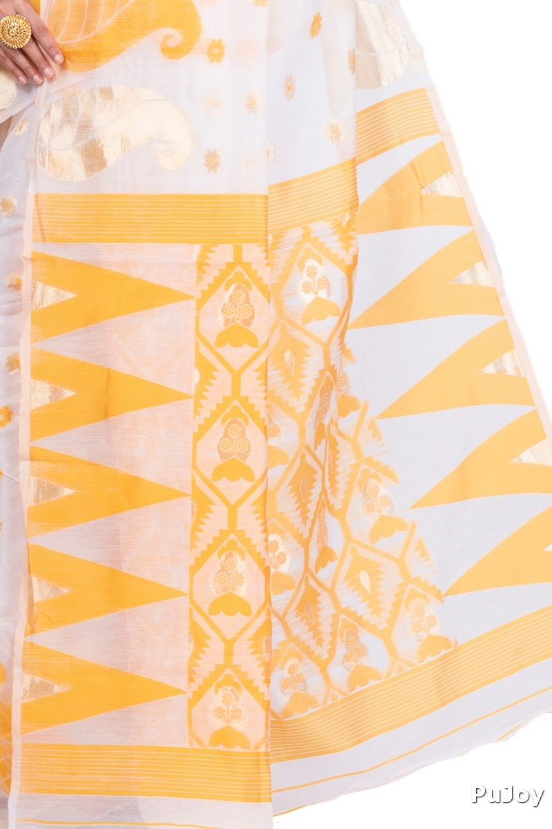 Yellow Pure Cotton Amachal_Jmdni Jamdani Saree (680)
