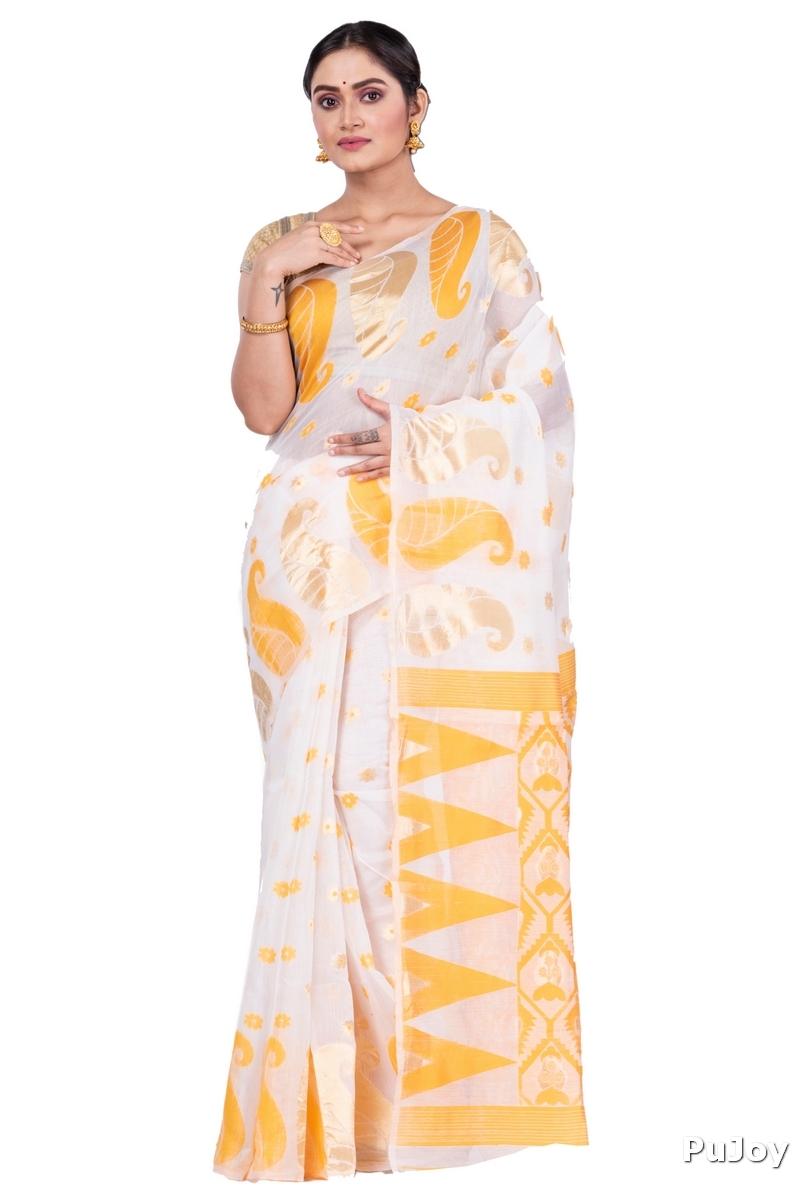 Yellow Pure Cotton Amachal_Jmdni Jamdani Saree (680)