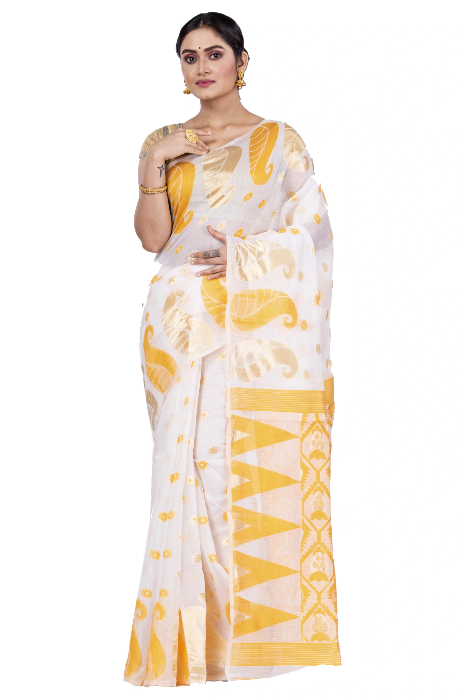 Yellow Pure Cotton Amachal_Jmdni Jamdani Saree (680)
