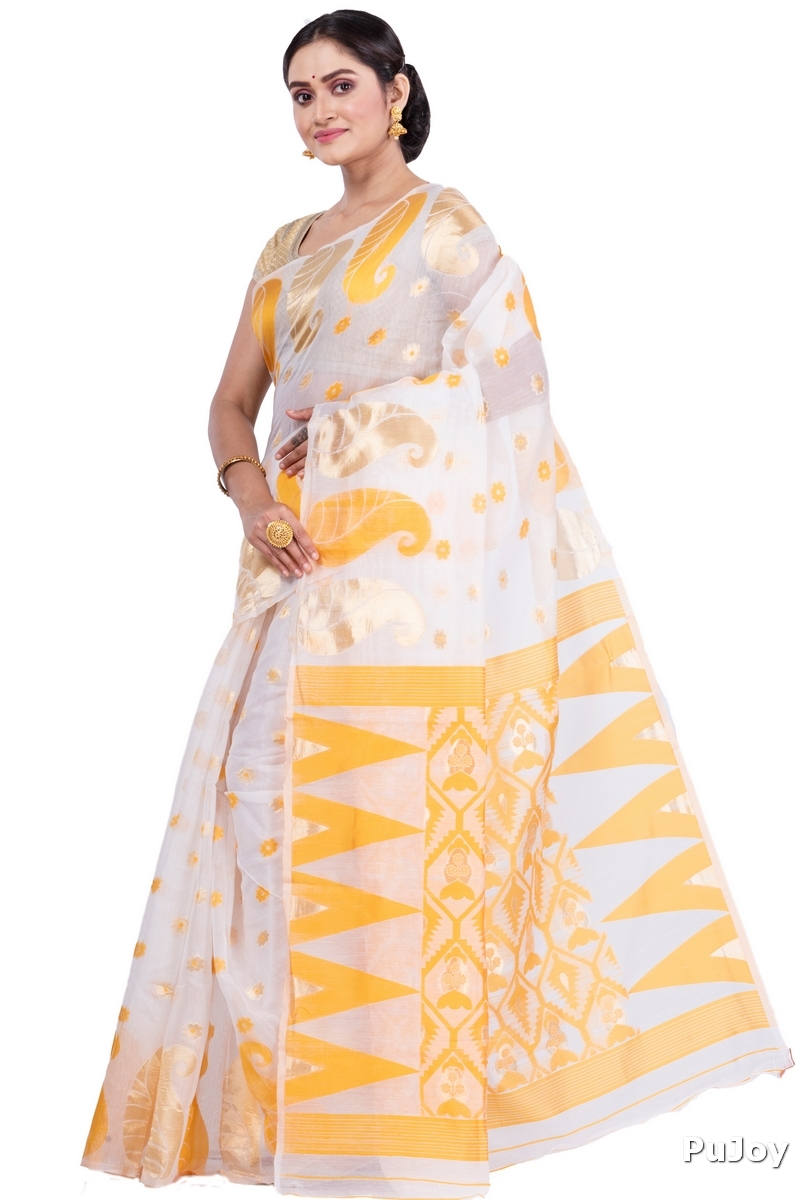 Yellow Pure Cotton Amachal_Jmdni Jamdani Saree (680)
