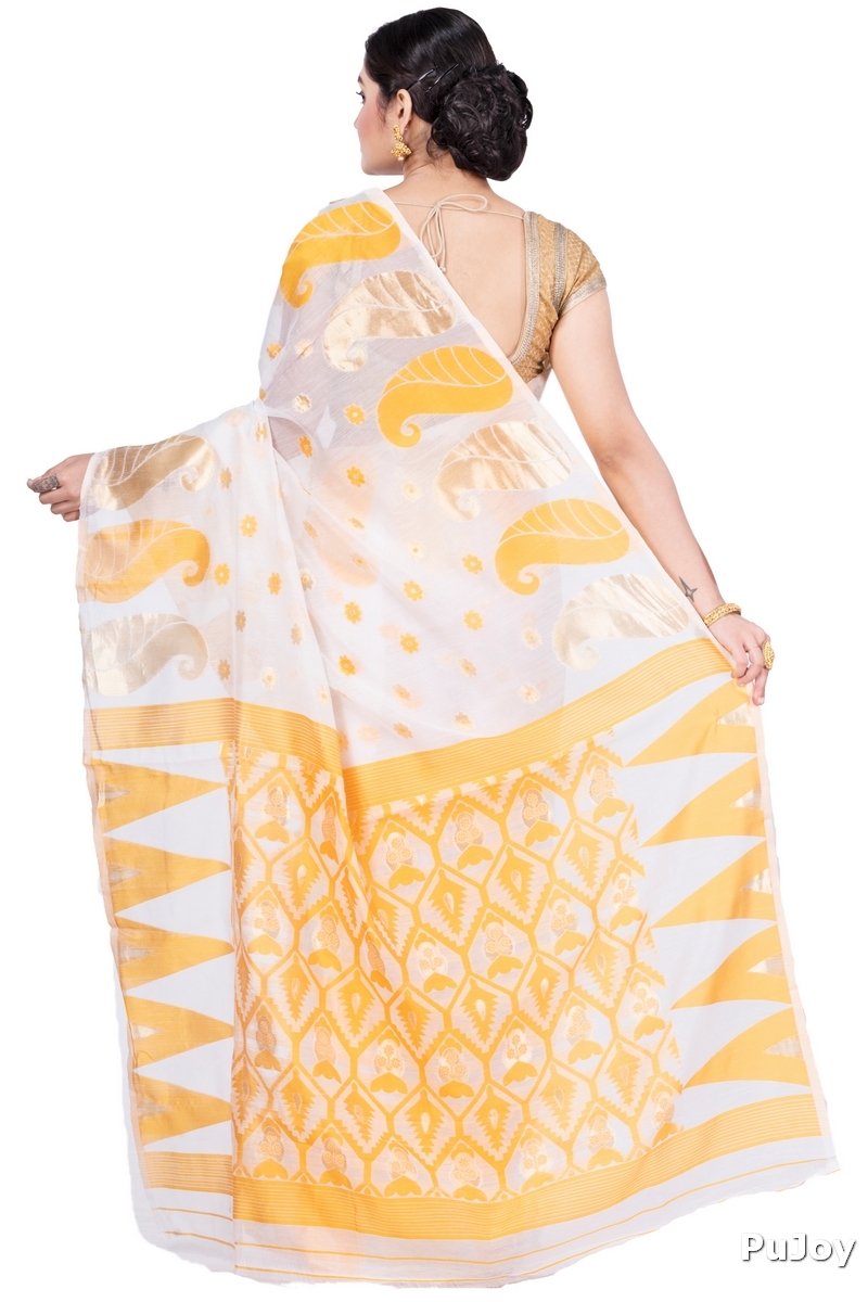 Yellow Pure Cotton Amachal_Jmdni Jamdani Saree (680)
