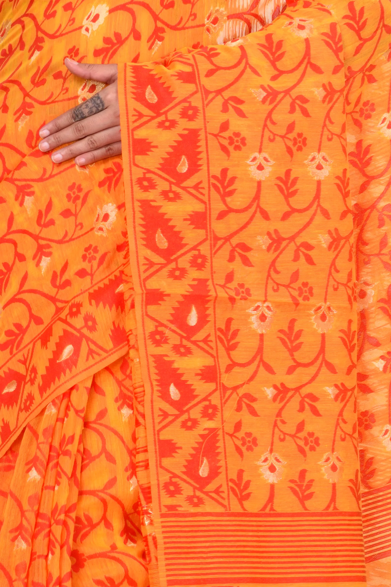 Yellow Blended Cotton Kanak_Jmdni Jamdani Saree (685)