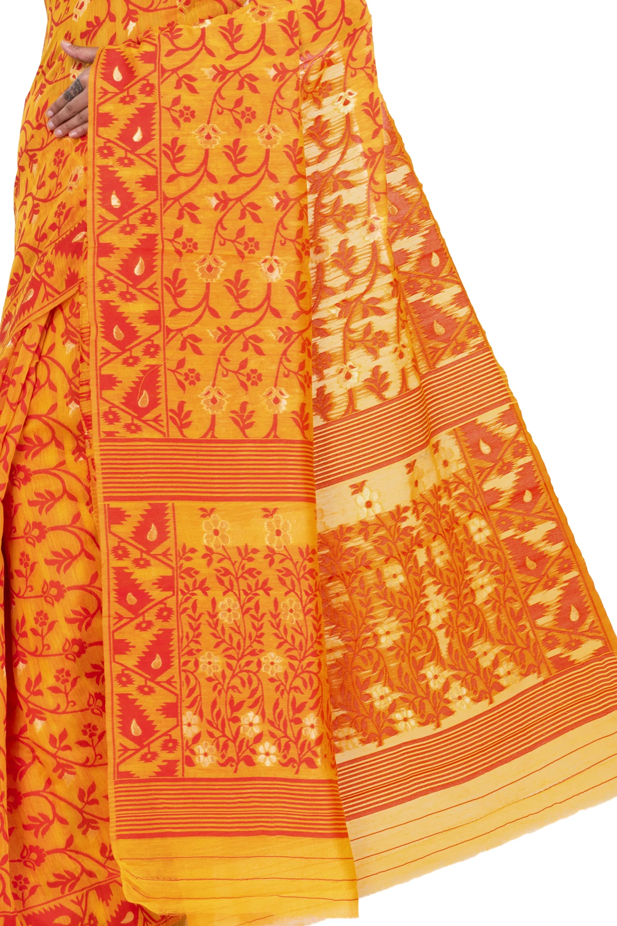 Yellow Blended Cotton Kanak_Jmdni Jamdani Saree (685)