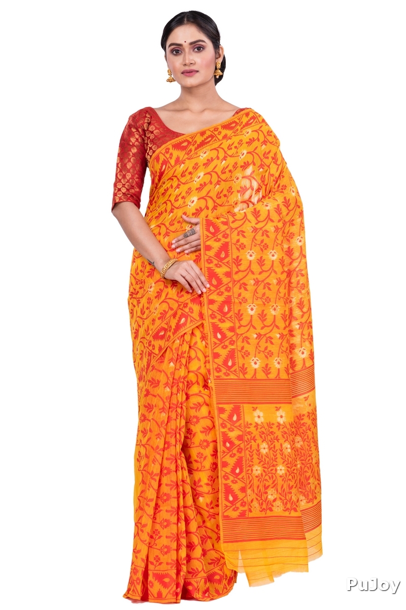 Yellow Blended Cotton Kanak_Jmdni Jamdani Saree (685)