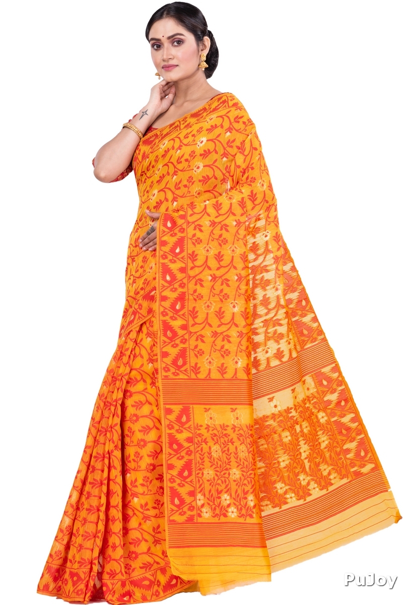 Yellow Blended Cotton Kanak_Jmdni Jamdani Saree (685)