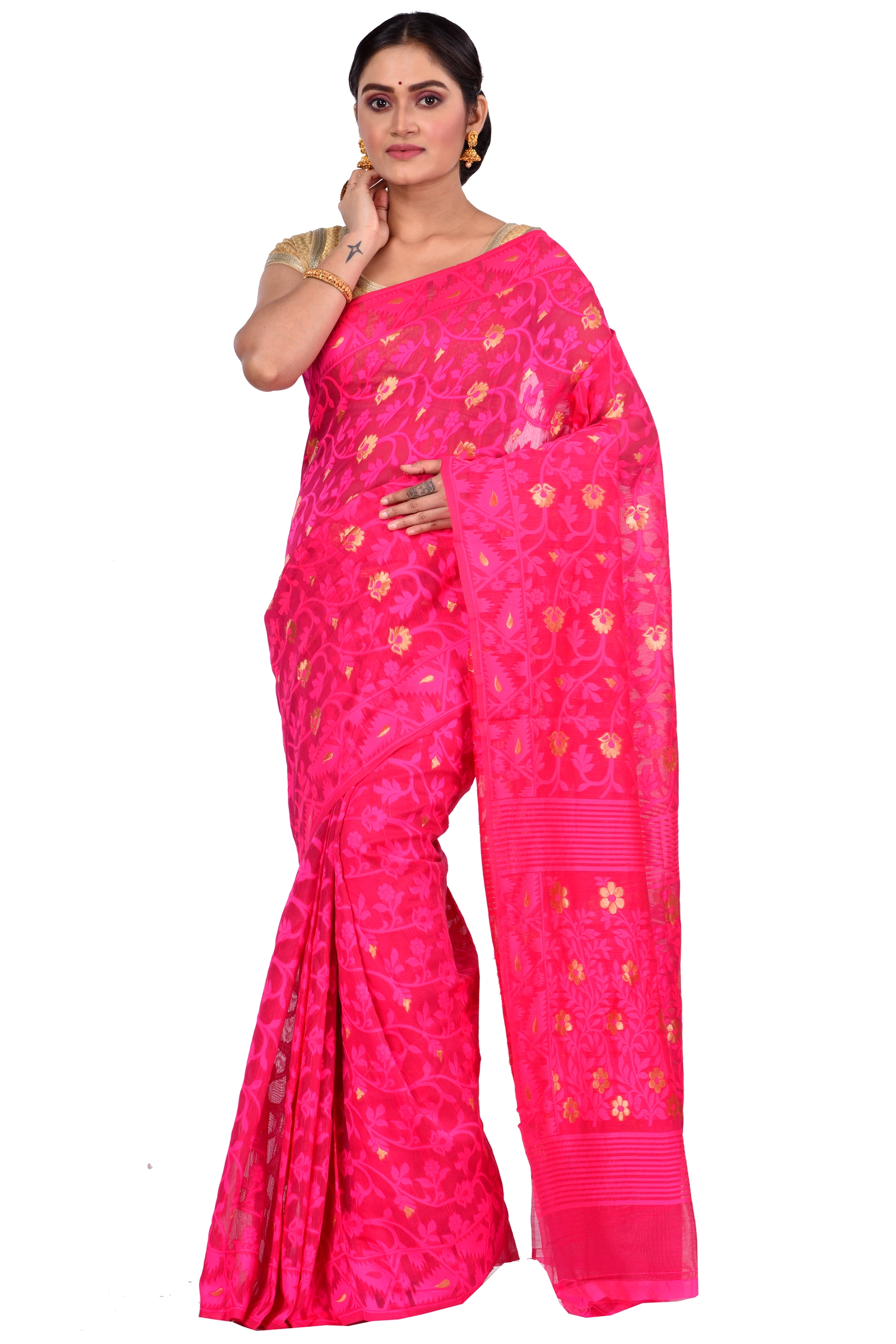 Pink Blended Cotton Kanak_Jmdni Jamdani Saree (687)