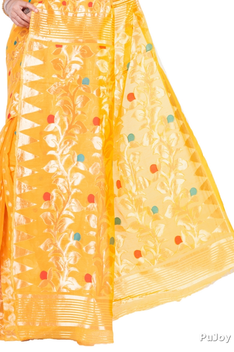 Yellow Pure Cotton Lataguti_Jmdni Jamdani Saree (688)