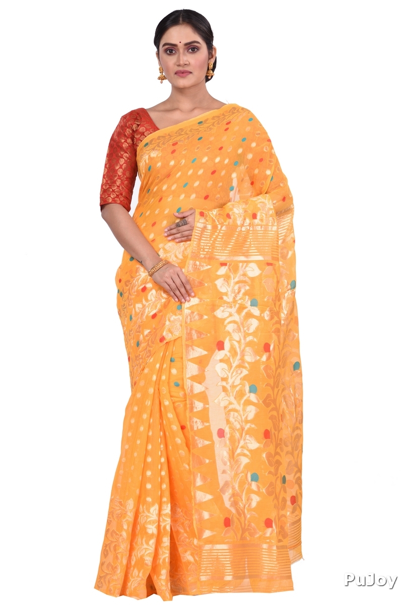 Yellow Pure Cotton Lataguti_Jmdni Jamdani Saree (688)