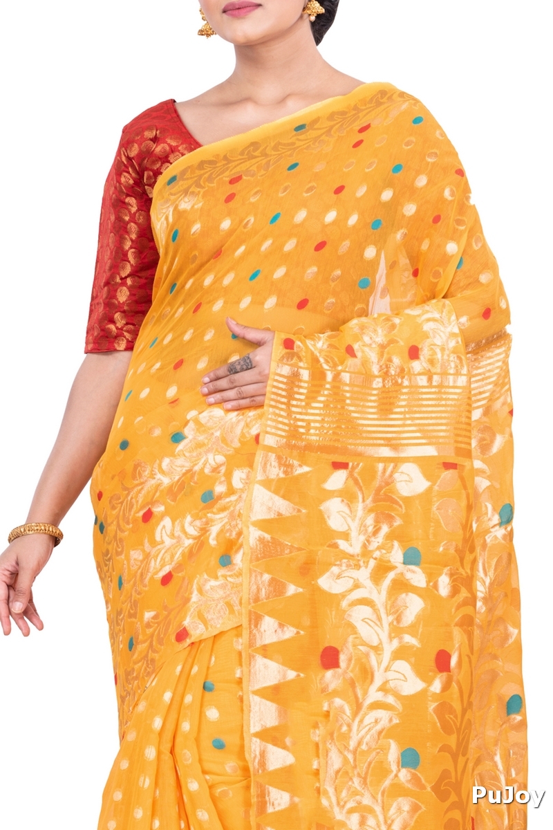 Yellow Pure Cotton Lataguti_Jmdni Jamdani Saree (688)
