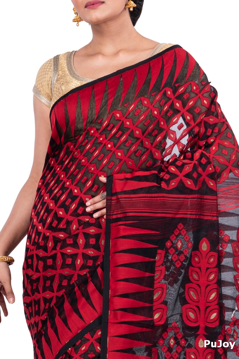 Marun Pure Cotton Minakari_Jmdni Jamdani Saree (692)