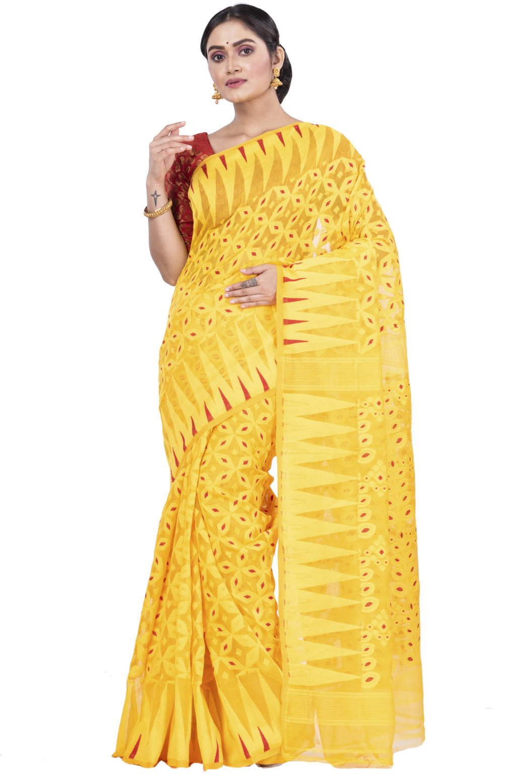 Yellow Pure Cotton Minakari_Jmdni Jamdani Saree (693)