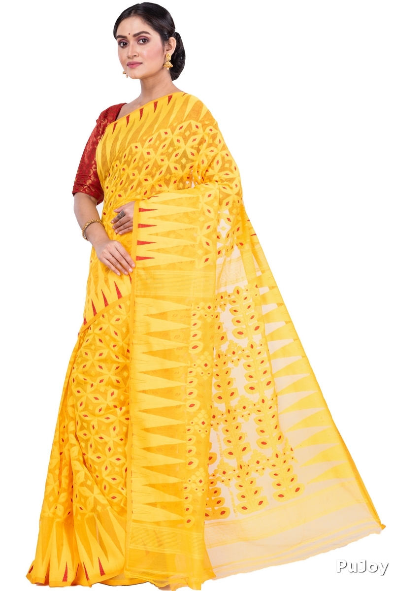 Yellow Pure Cotton Minakari_Jmdni Jamdani Saree (693)