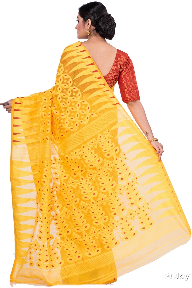 Yellow Pure Cotton Minakari_Jmdni Jamdani Saree (693)