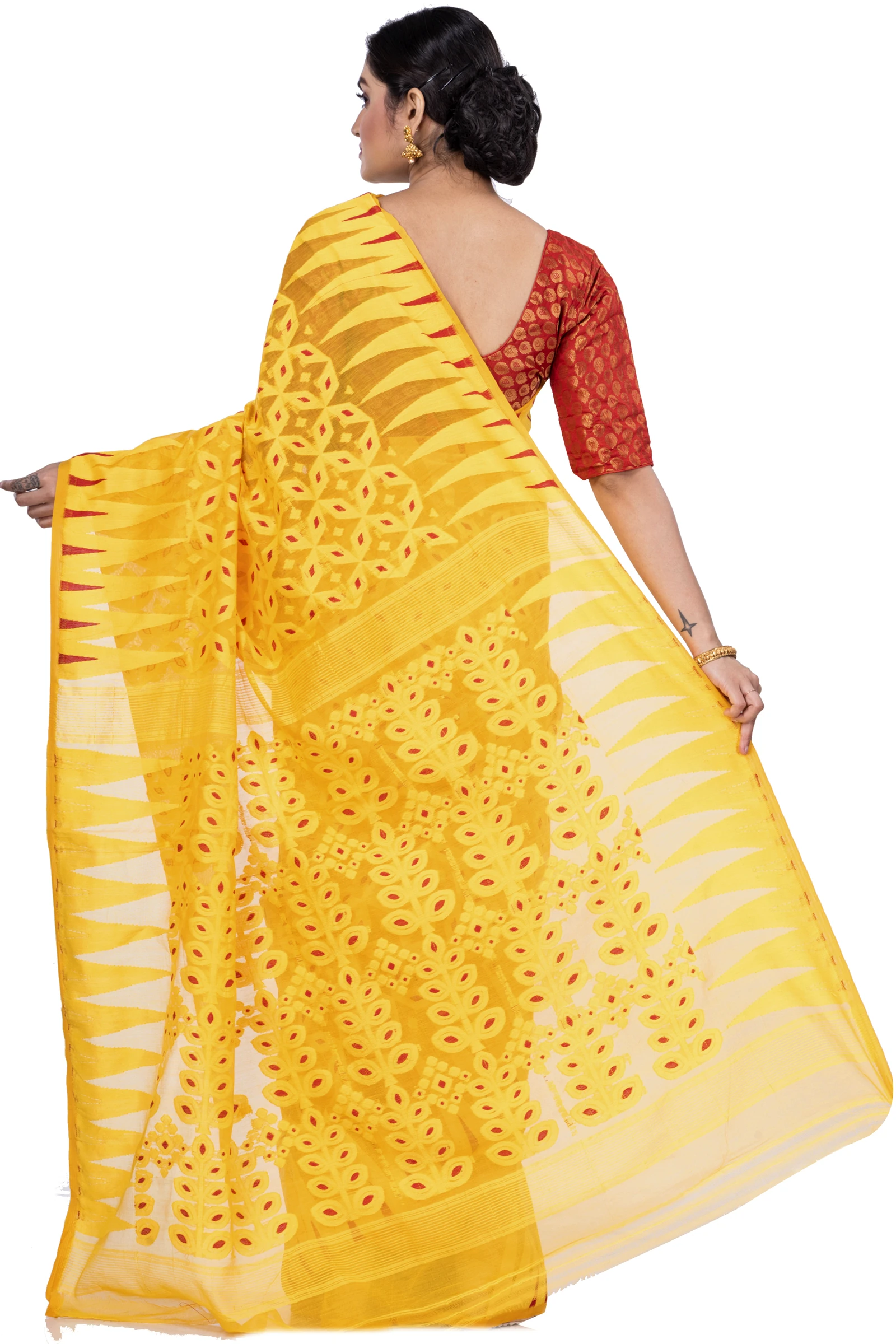 Yellow Pure Cotton Minakari_Jmdni Jamdani Saree (693)