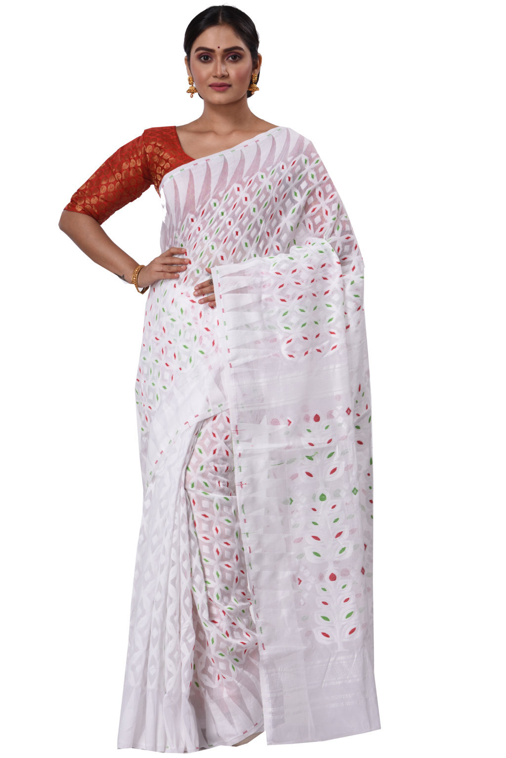 White Pure Cotton Minakari_Jmdni Jamdani Saree (694)