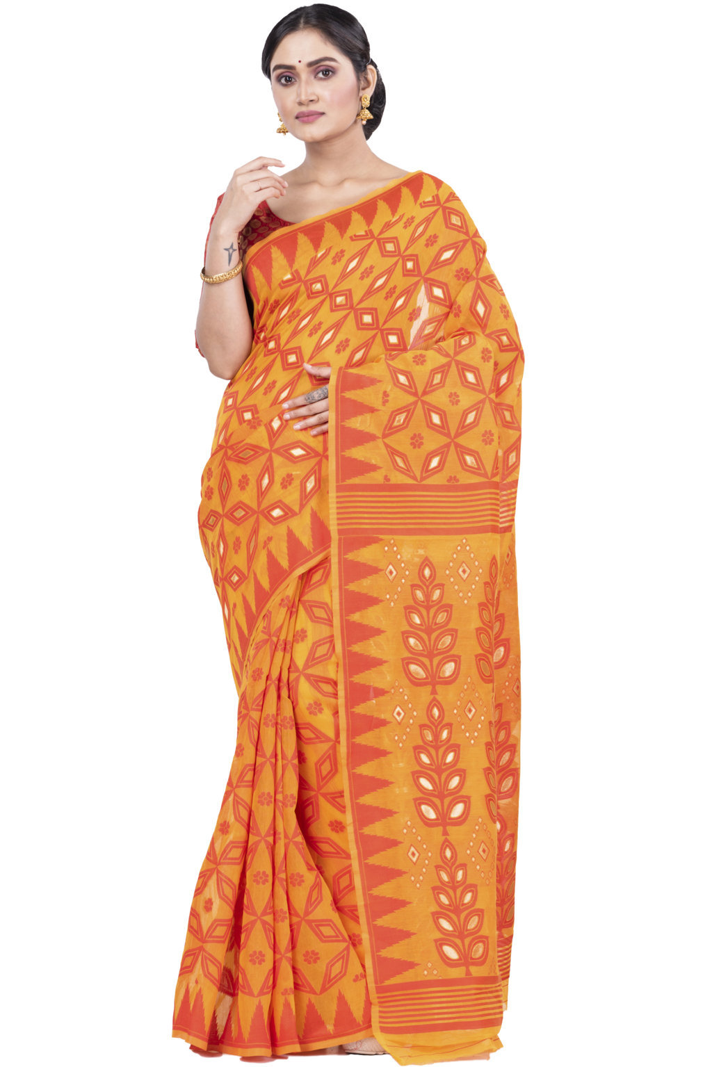 Orange Pure Cotton Minakari_Jmdni Jamdani Saree (695)