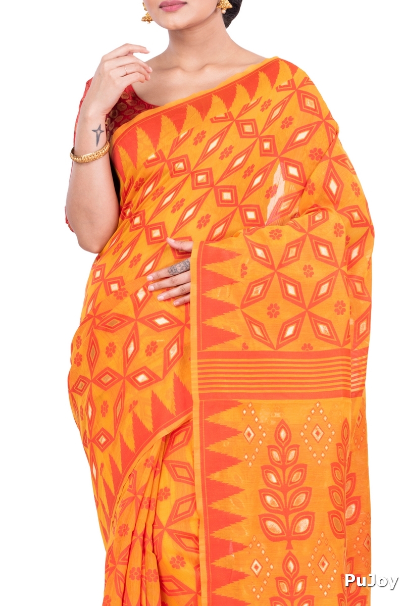 Orange Pure Cotton Minakari_Jmdni Jamdani Saree (695)
