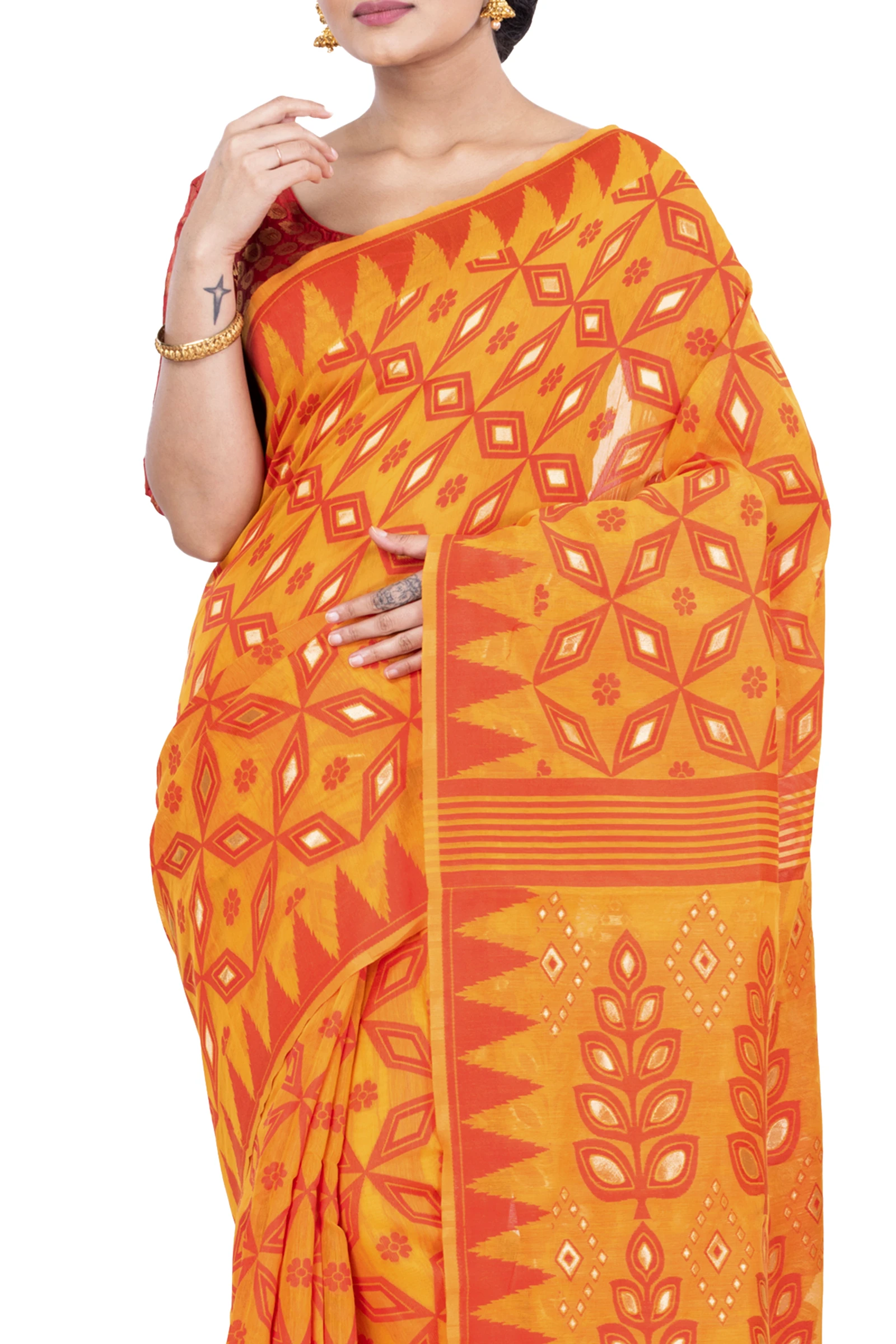 Orange Pure Cotton Minakari_Jmdni Jamdani Saree (695)