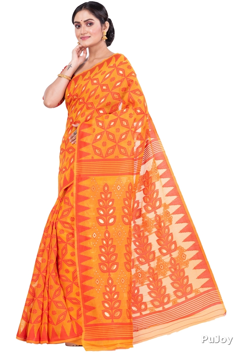 Orange Pure Cotton Minakari_Jmdni Jamdani Saree (695)