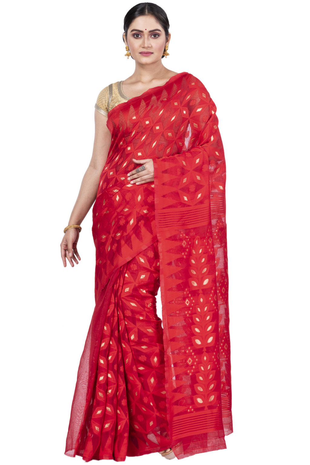 Red Pure Cotton Minakari_Jmdni Jamdani Saree (696)