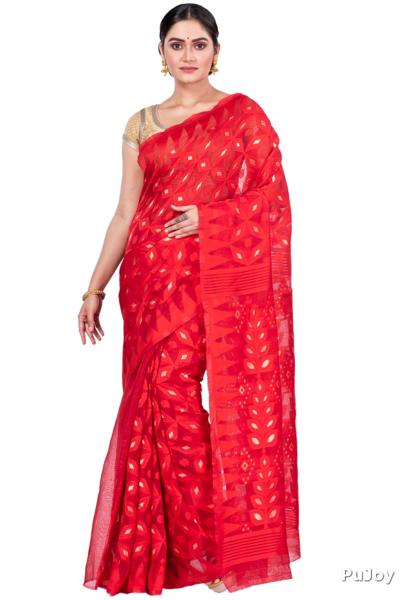 Red Pure Cotton Minakari_Jmdni Jamdani Saree (696)