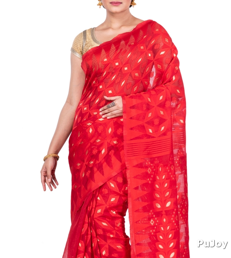 Red Pure Cotton Minakari_Jmdni Jamdani Saree (696)