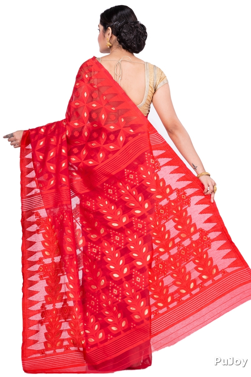 Red Pure Cotton Minakari_Jmdni Jamdani Saree (696)