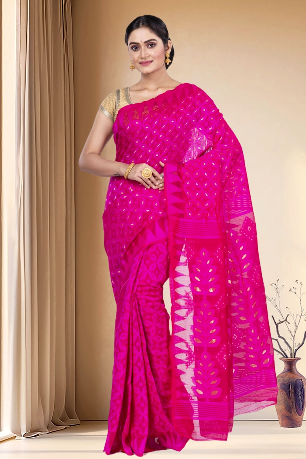Pink Pure Cotton Minakari_Jmdni Jamdani Saree (697)