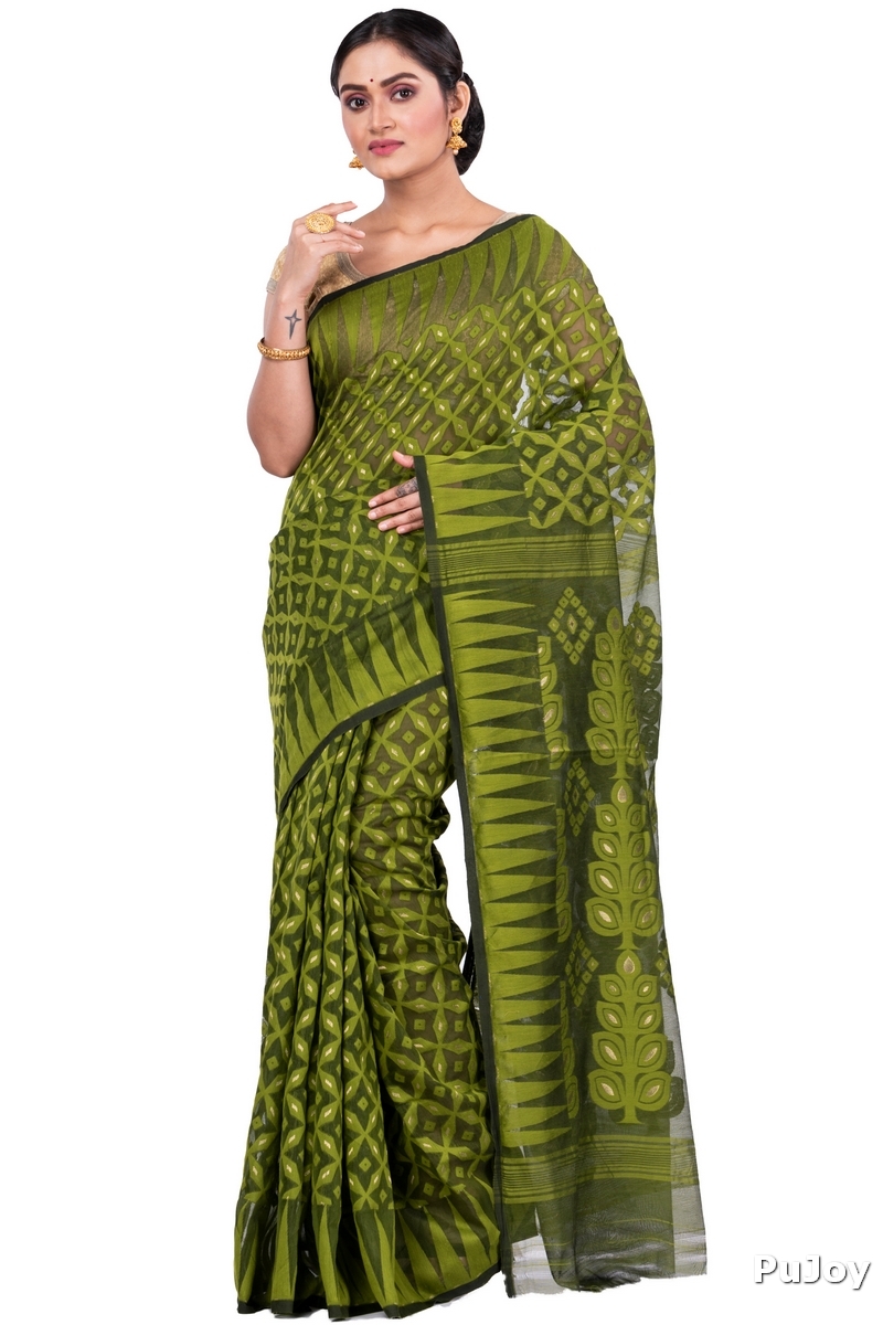 Green Pure Cotton Minakari_Jmdni Jamdani Saree (698)