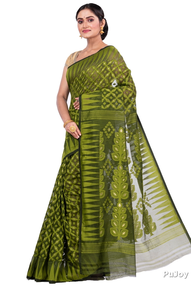 Green Pure Cotton Minakari_Jmdni Jamdani Saree (698)