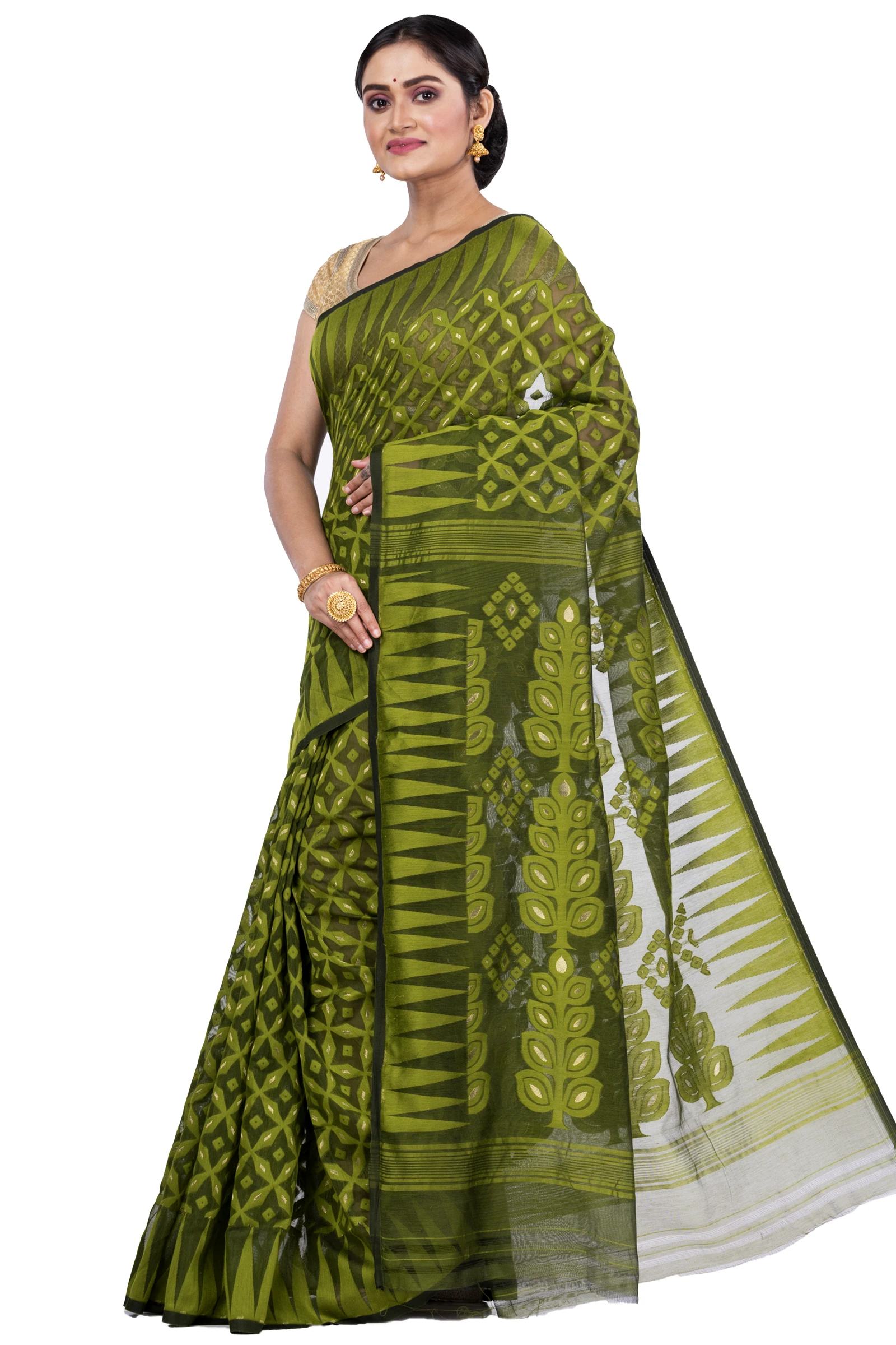 Green Pure Cotton Minakari_Jmdni Jamdani Saree (698)