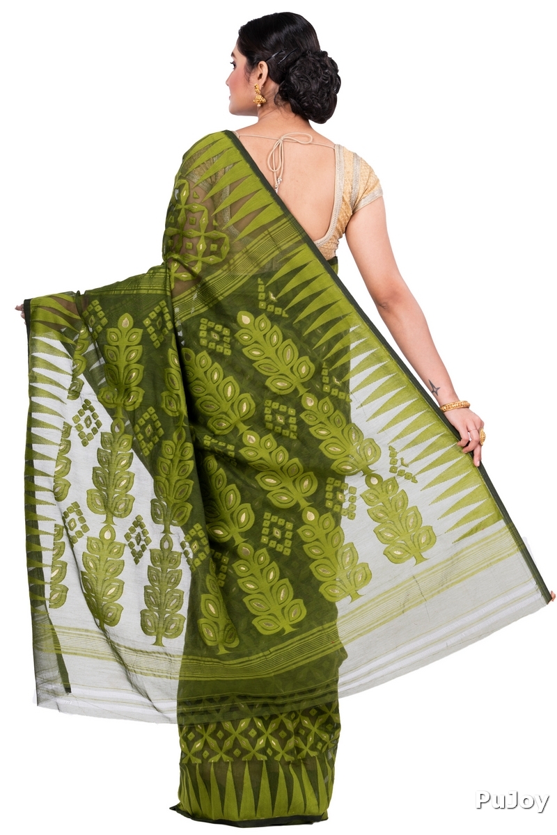 Green Pure Cotton Minakari_Jmdni Jamdani Saree (698)