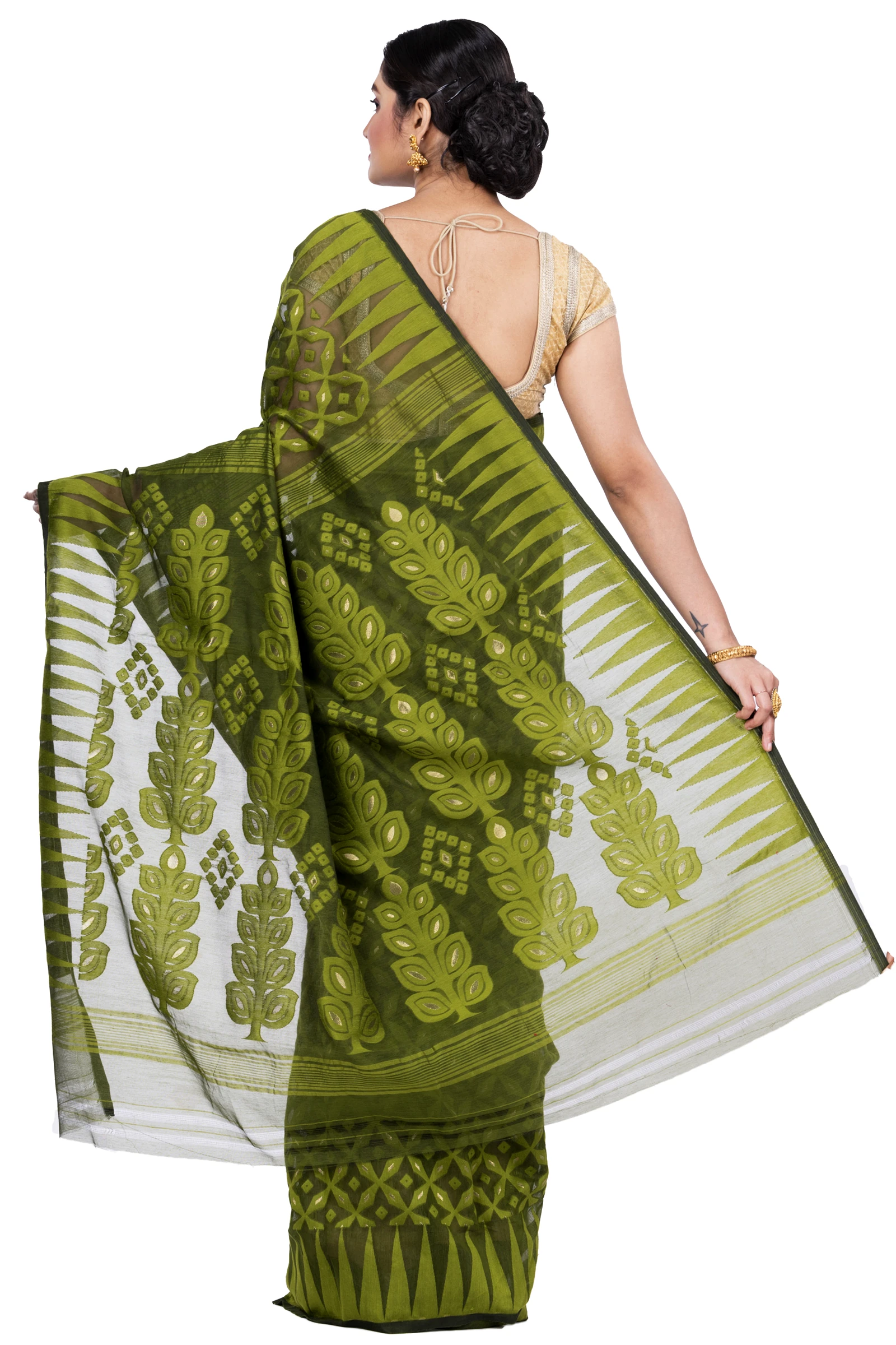Green Pure Cotton Minakari_Jmdni Jamdani Saree (698)