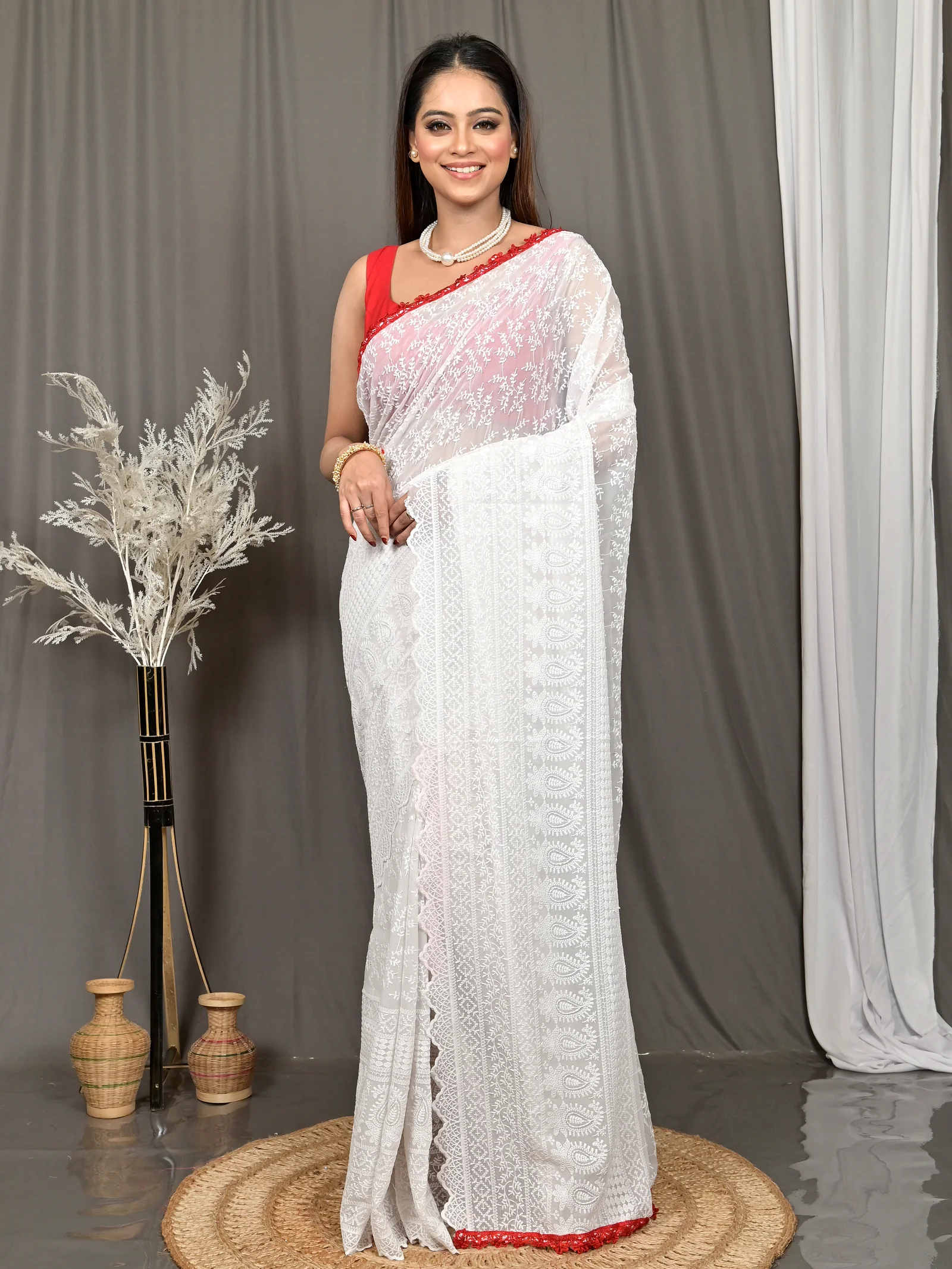 White Cotton Parmon Chikankari Saree  (70)