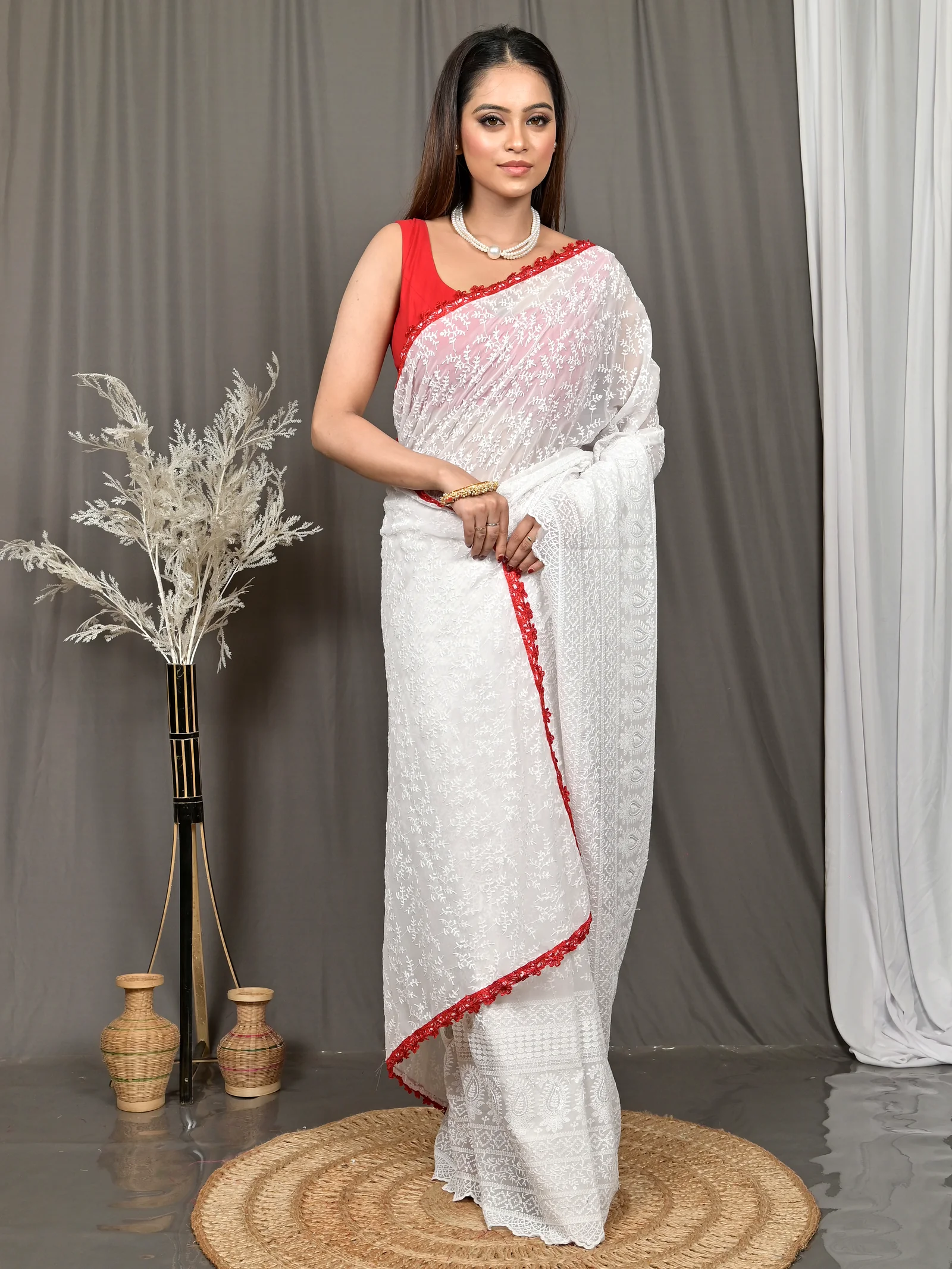 White Cotton Parmon Chikankari Saree  (70)