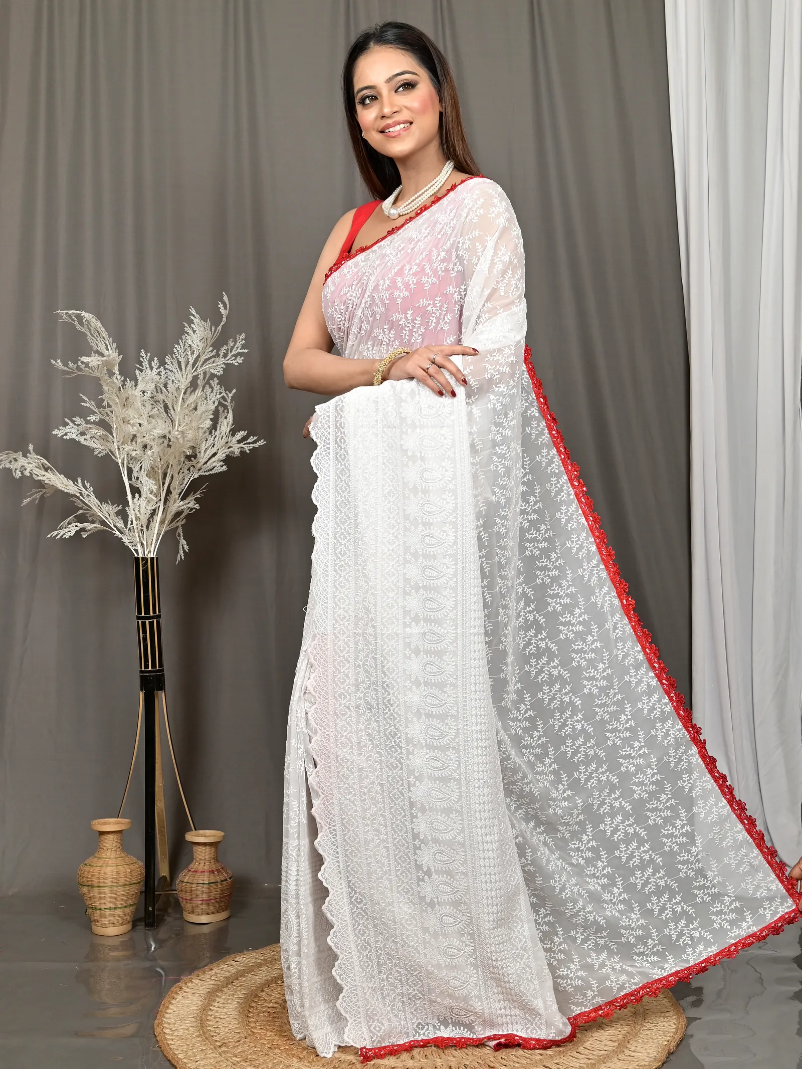 White Cotton Parmon Chikankari Saree  (70)